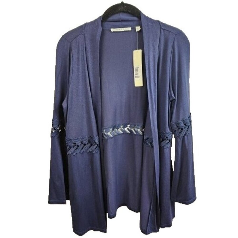 Cyrus Womens BOHO Cardigan Small Navy Open Crochet Bell Sleeve Jersey NWT